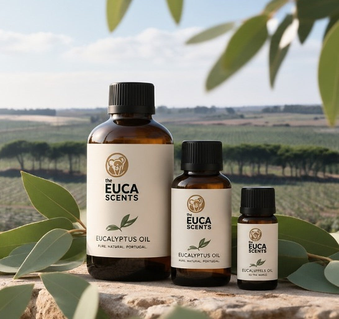 Bottles of Euca Scents eucalyptus oil in front of the plantation in Portugal